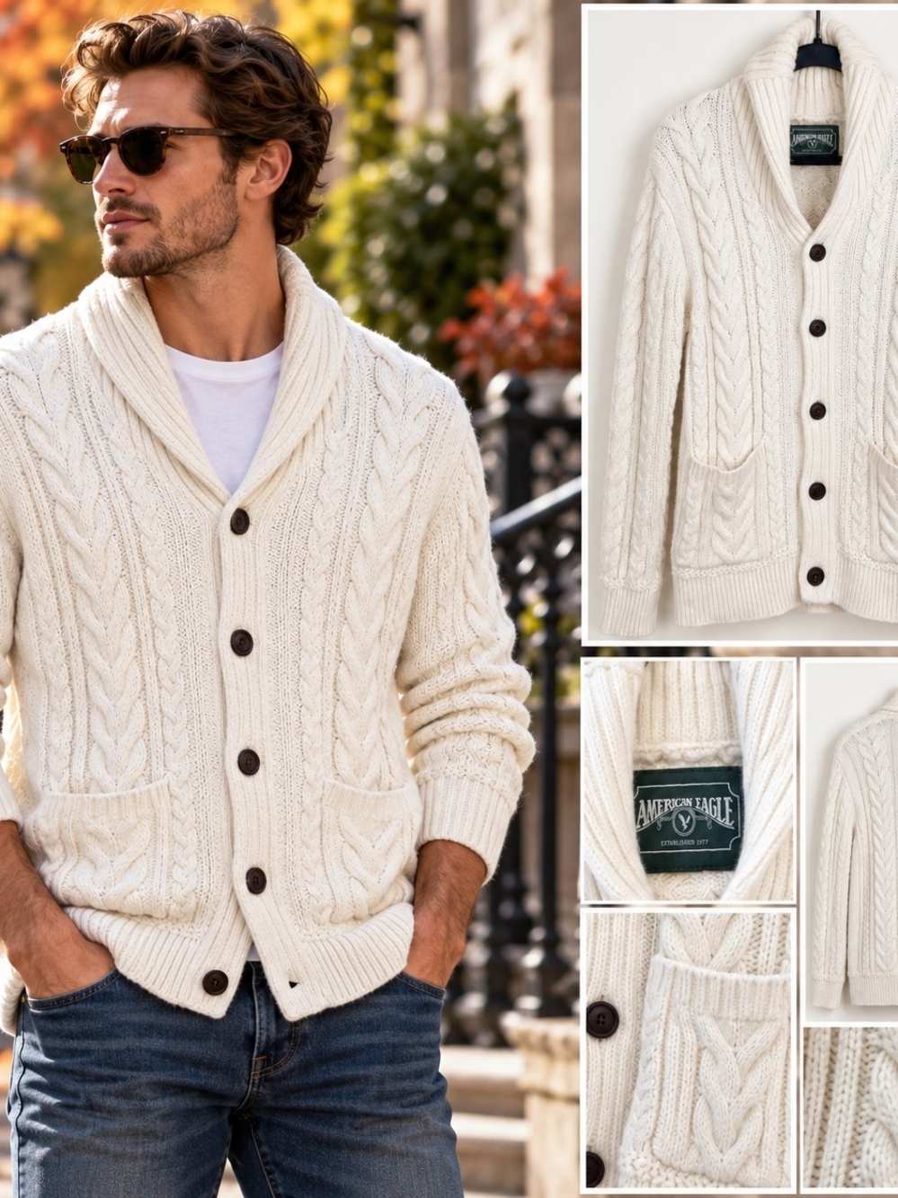 American Eagle Mens M Cable Knit Fisherman Old Money Prep Cardigan Ivory Sweater
